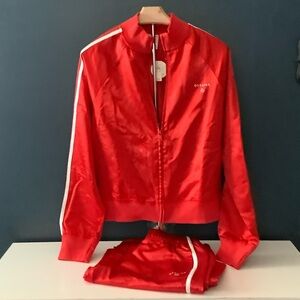 Red Satin Track-Style Varsity Jacket with White Stripe